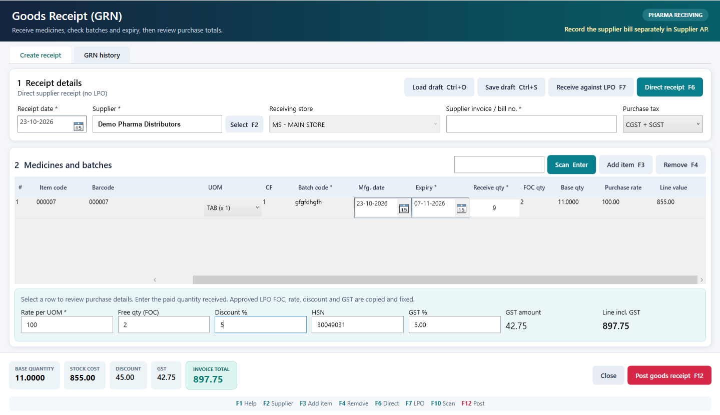 Goods receipt against a purchase order with batch and expiry