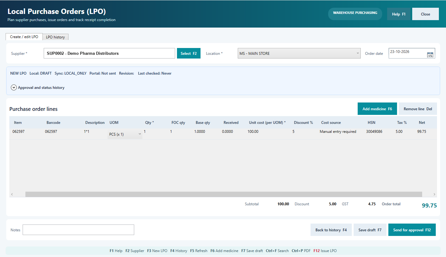 Retail Desktop purchase order with HSN code and GST rate on every line