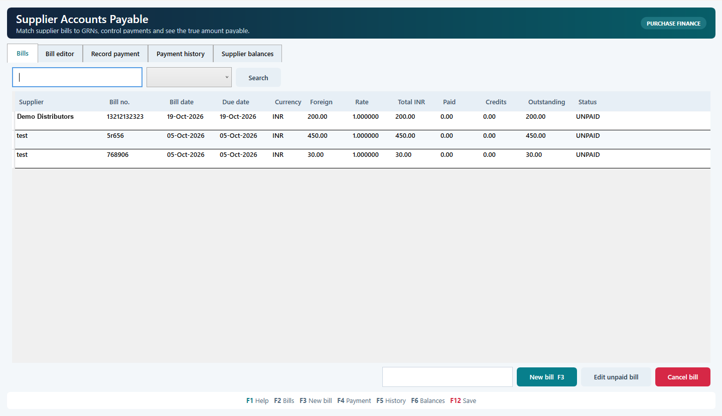 Supplier accounts payable: bills matched to GRNs with outstanding amounts in INR