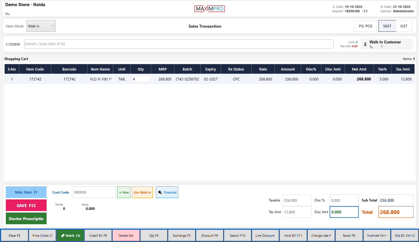 MaximPro Retail Desktop billing screen: GST invoice with batch, expiry, MRP and tax per line