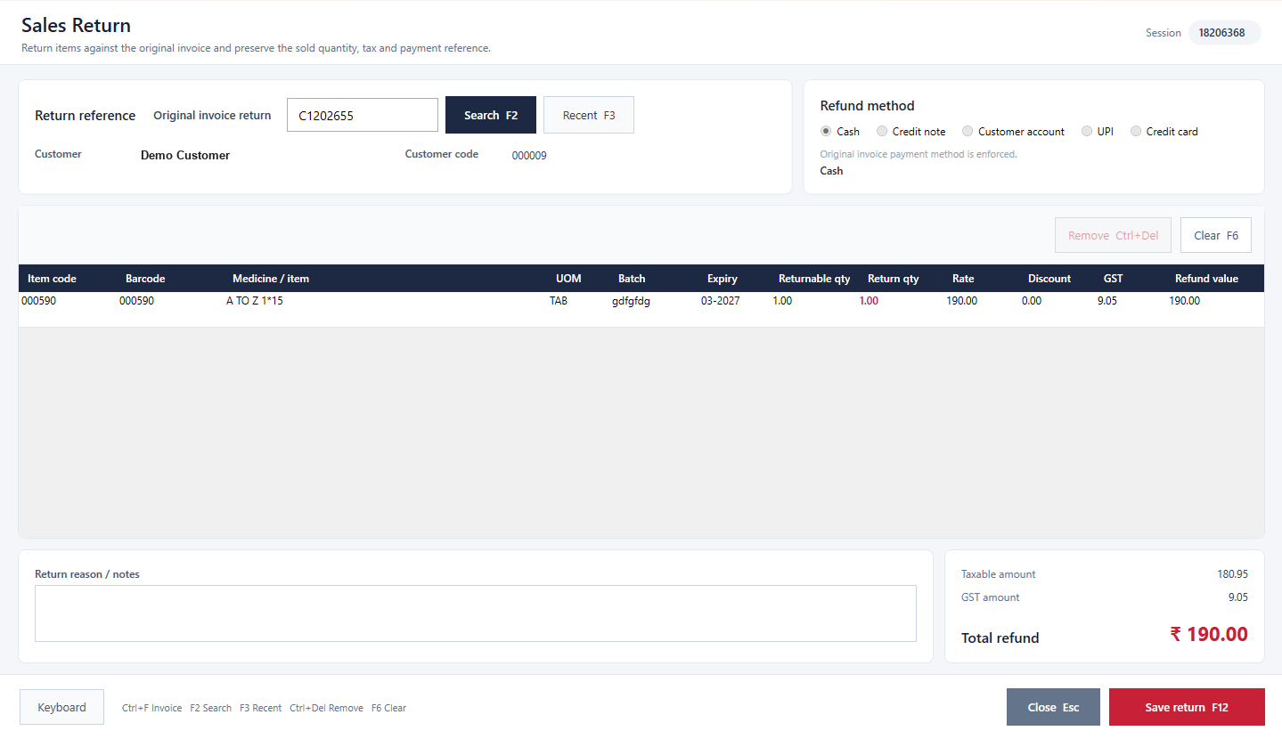 Retail Desktop sales return against the original invoice with the refund method enforced