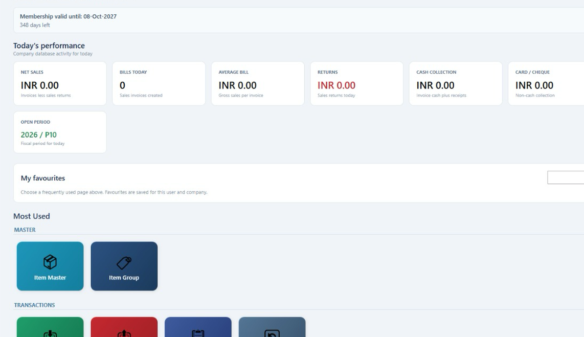 Retail Desktop home screen of a demo company: membership validity, today's performance tiles in INR and Most Used shortcuts