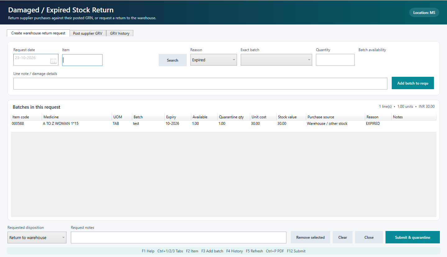 Retail Desktop damaged or expired stock return to supplier (GRV) with batch and quarantine quantity