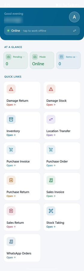MaximOps home screen: online/offline switch and quick links to every module
