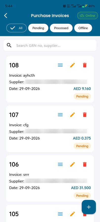 MaximOps purchase invoice (GRN) list on the handheld with pending and processed filters