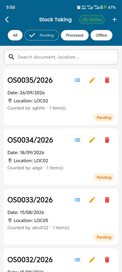 MaximOps stock-taking list with Pending, Processed and Offline filters