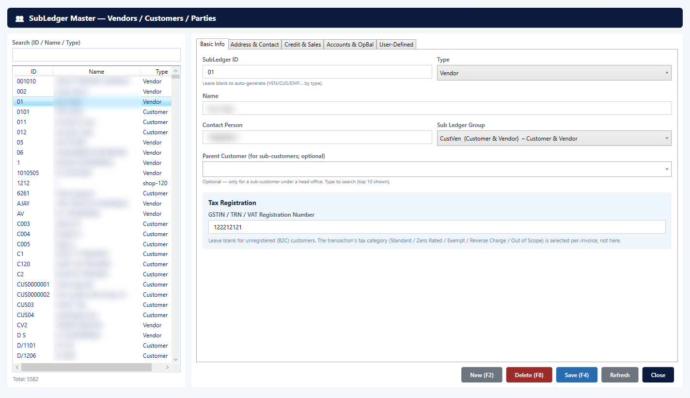 Ledger master: vendors, customers and parties with sub-ledger group and GSTIN