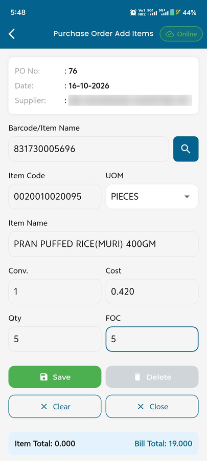 MaximOps purchase order: add items by barcode with cost, quantity and FOC