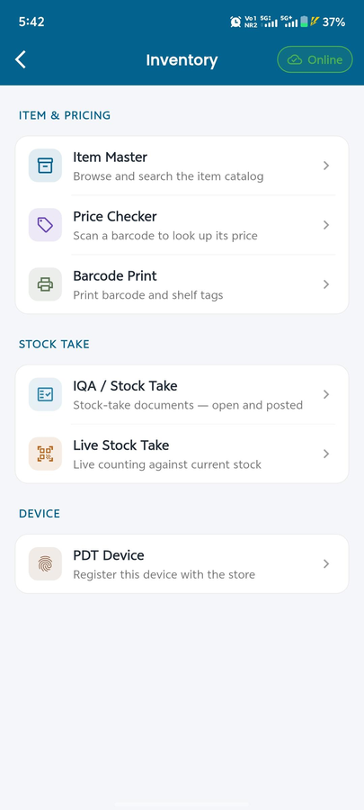 MaximOps inventory menu: item master, price checker, barcode print, stock take and PDT device registration