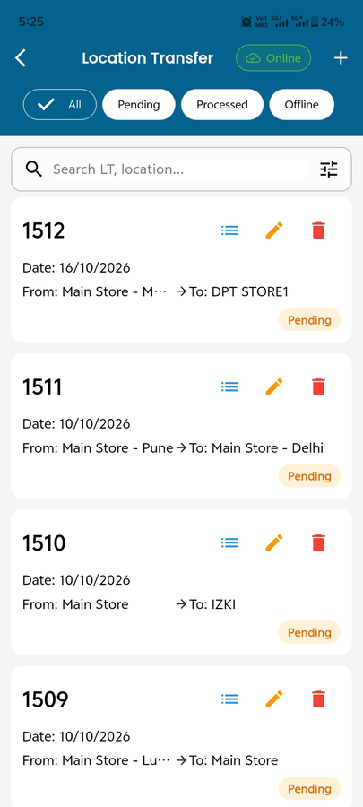 MaximOps location transfer list: from and to location per document with pending status