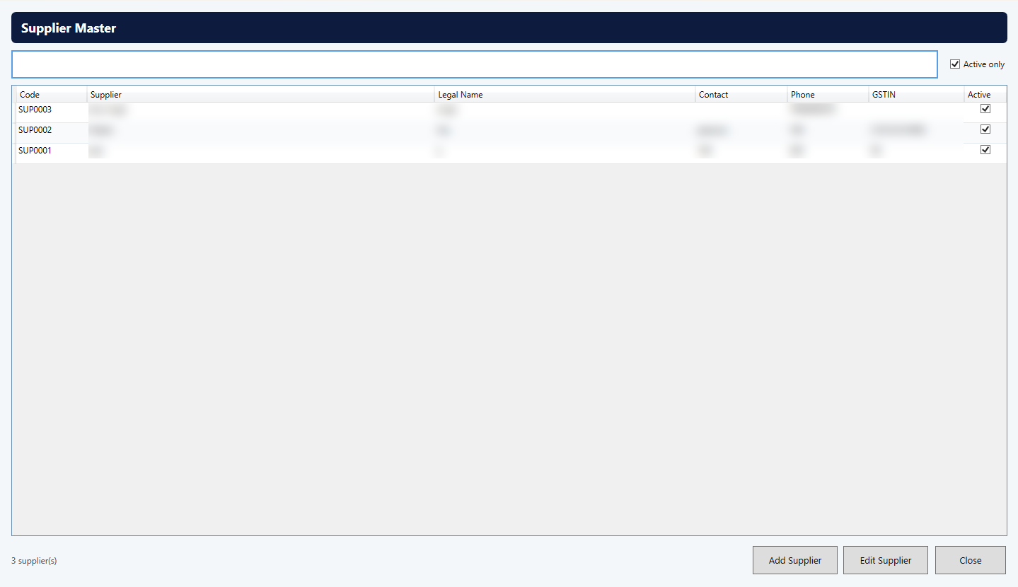 Retail Desktop supplier master with code, legal name, contact, phone and GSTIN