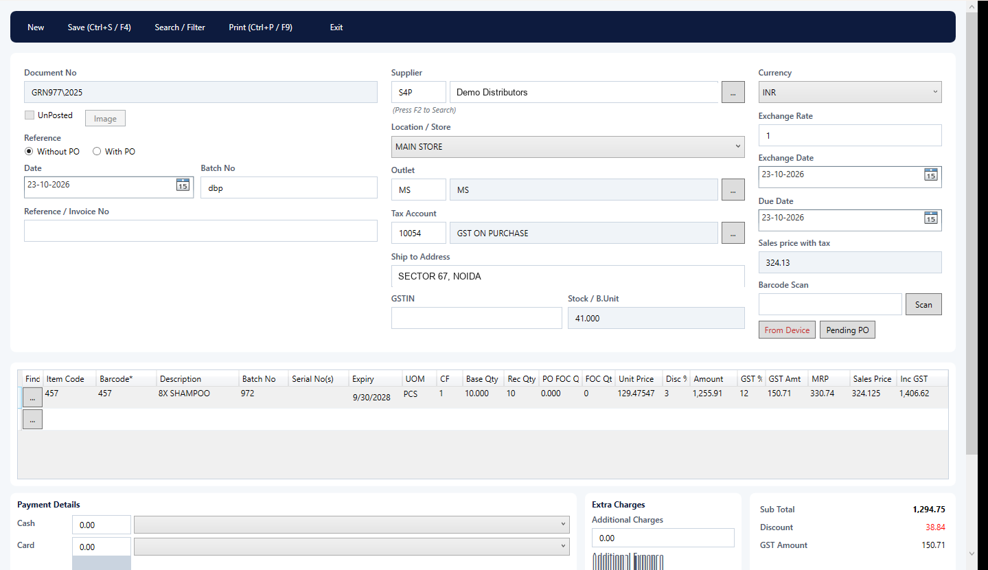 Retail Desktop material receipt (GRN), retail edition: INR, GST %, MRP, discount and sales price per line
