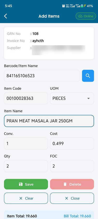 MaximOps goods receipt on an Android handheld: item scanned by barcode with quantity, cost and FOC
