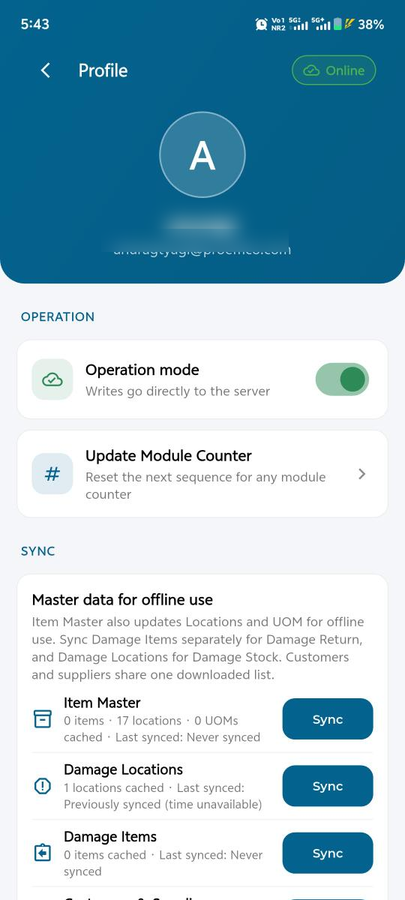 MaximOps profile: operation mode switch, master data sync for offline use (items, locations, customers, suppliers, pending POs) and offline writes status