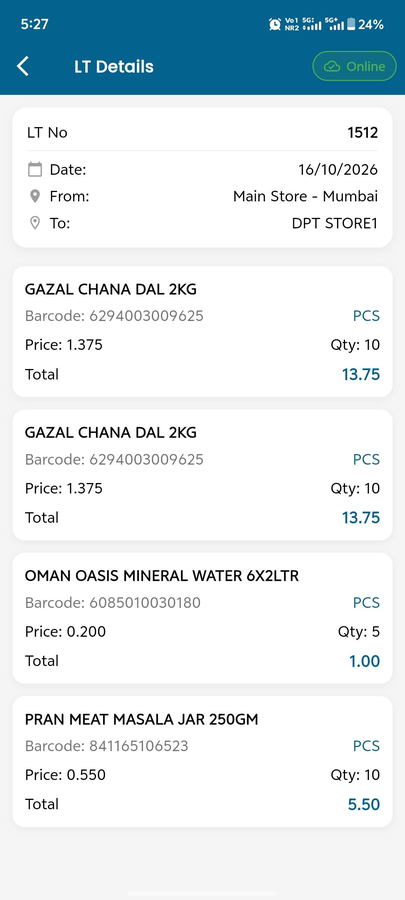 MaximOps location transfer detail: from and to store with item lines, barcode, price, quantity and total