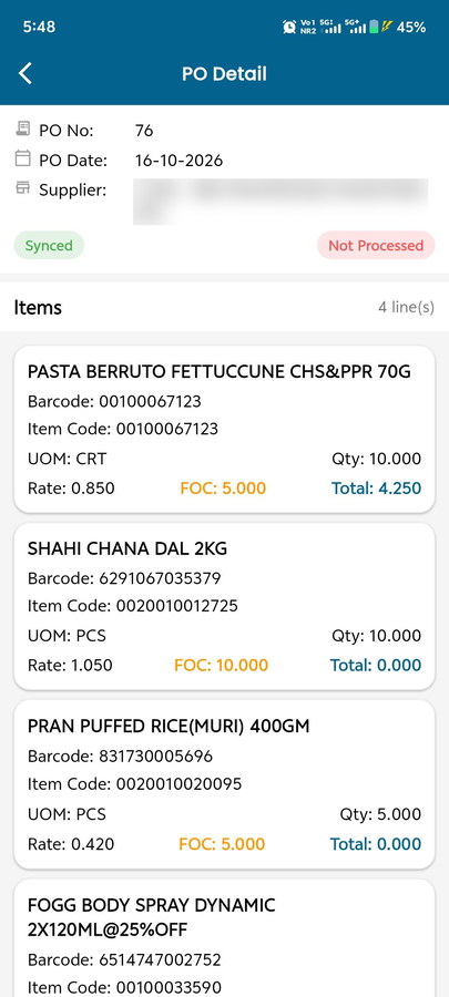 MaximOps purchase order detail: synced status, four lines with UOM, rate, FOC and total