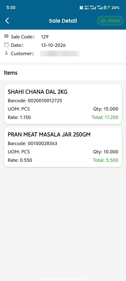 MaximOps sale detail: sale code, date, customer and item lines with quantity, rate and total