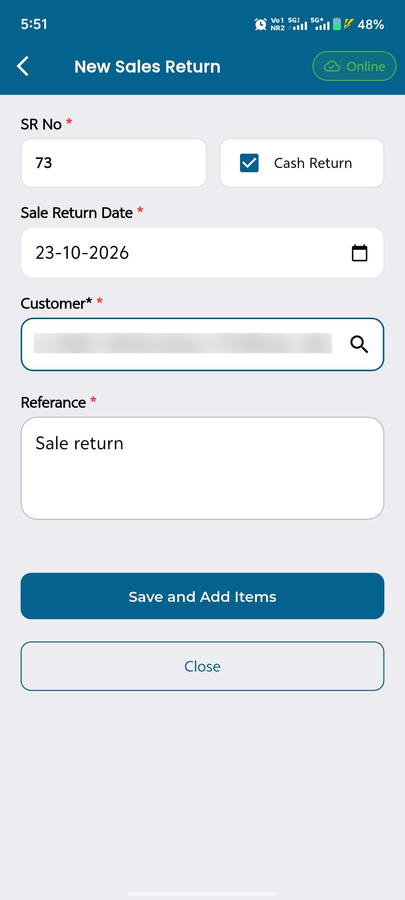 MaximOps new sales return header: SR number, cash return flag, date, customer and reference