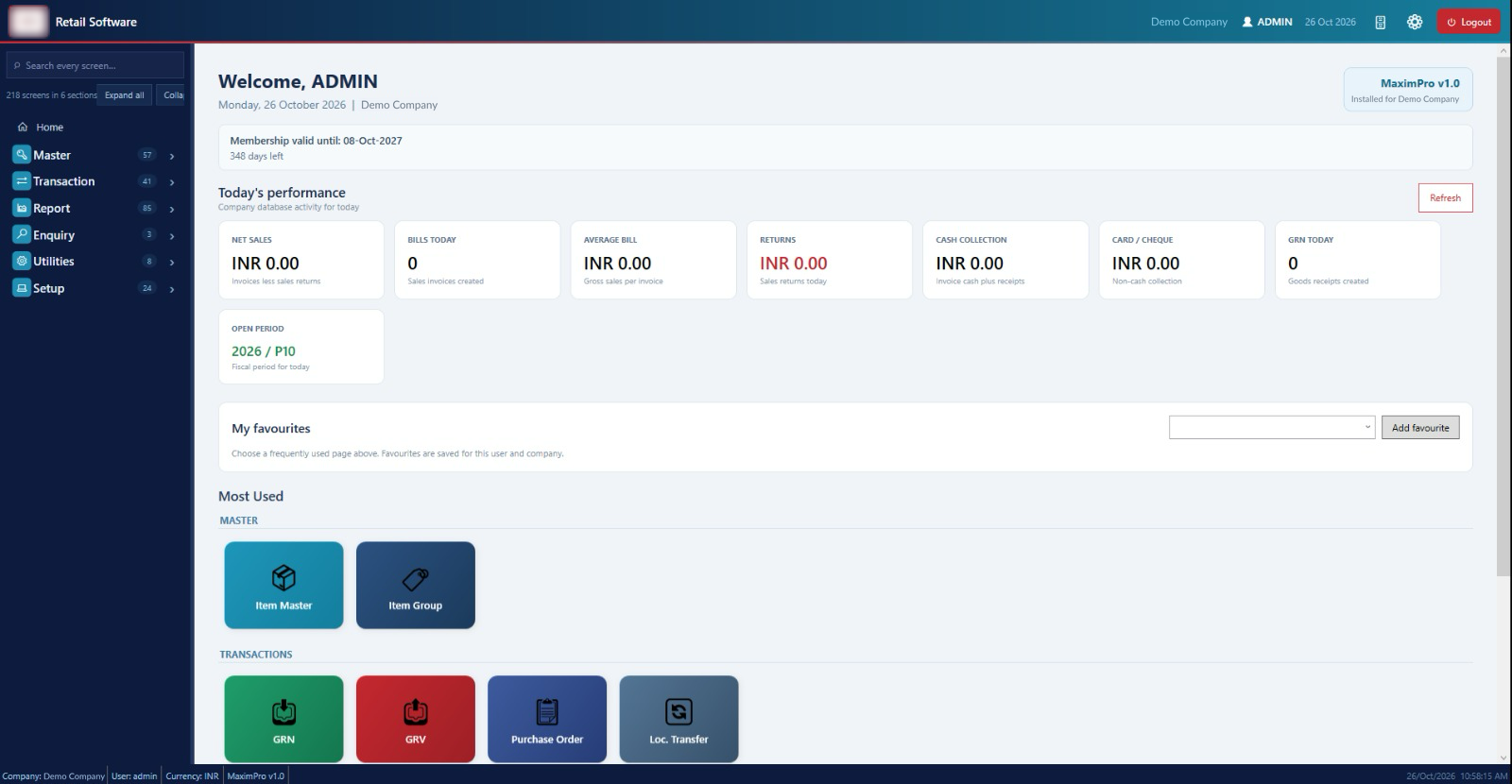 MaximPro Retail Desktop home screen for a demo company: sections Master, Transaction, Report, Enquiry, Utilities and Setup in the sidebar, today's performance tiles for net sales, bills, average bill, returns, cash and card collection in INR, and Most Used shortcuts such as Item Master, GRN and Purchase Order