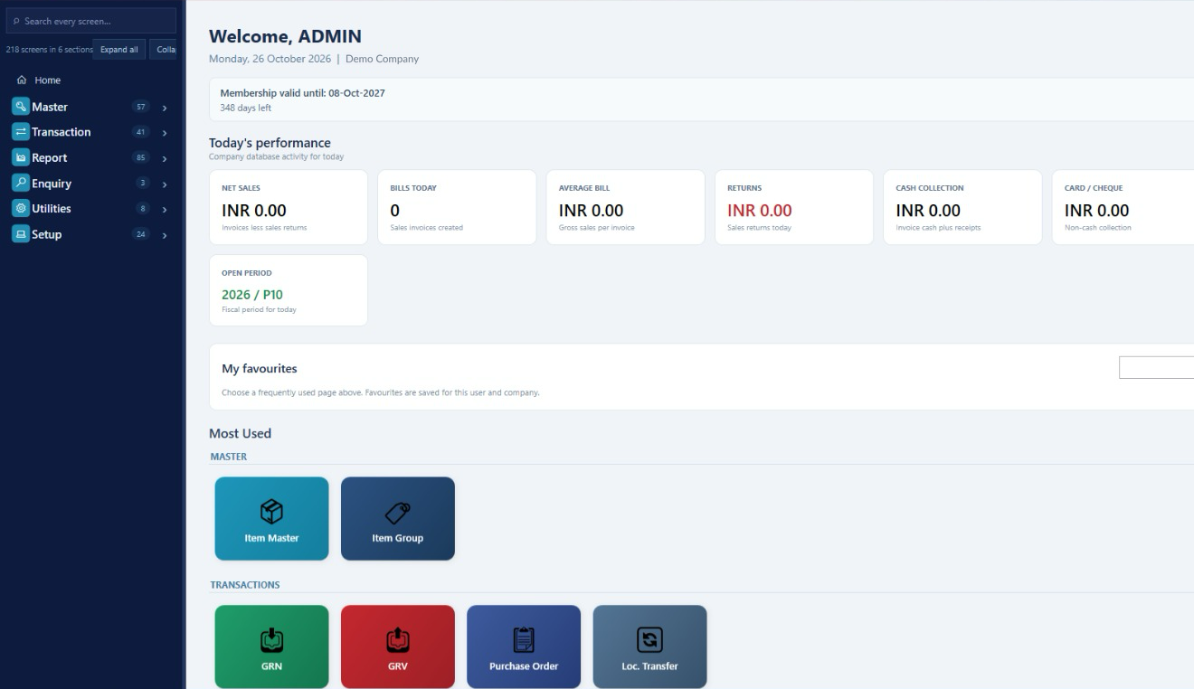 MaximPro Retail Desktop home screen for a demo company: sidebar with Master, Transaction, Report, Enquiry, Utilities and Setup sections, welcome line, membership validity and today's performance tiles in INR